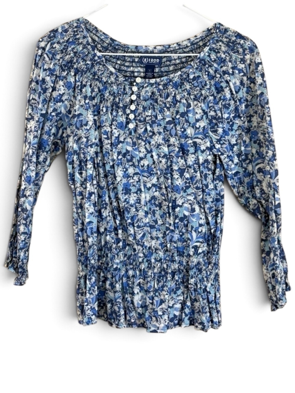 Izod Women's Blue and White Floral Smocked Pullover Blouse